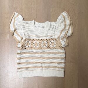 Rails Cream and Tan Crochet Puff Sleeve Sweater- itchy rag removed- like new!